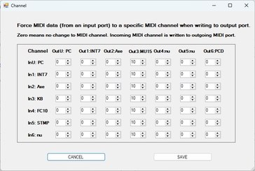 MidiXLate PC configuration app — Channel dialog to force MIDI channel per output port