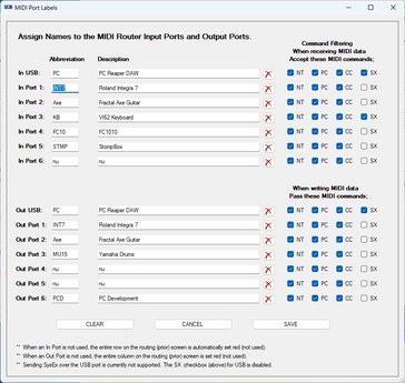 MidiXLate PC configuration app — MIDI Port Labels dialog with command filtering